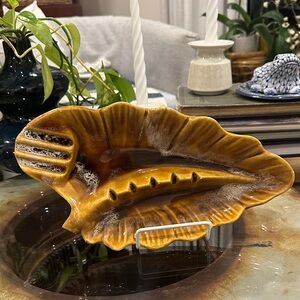 Vintage Marcia of California leaf shaped  pottery ashtray yellow brown Glazed